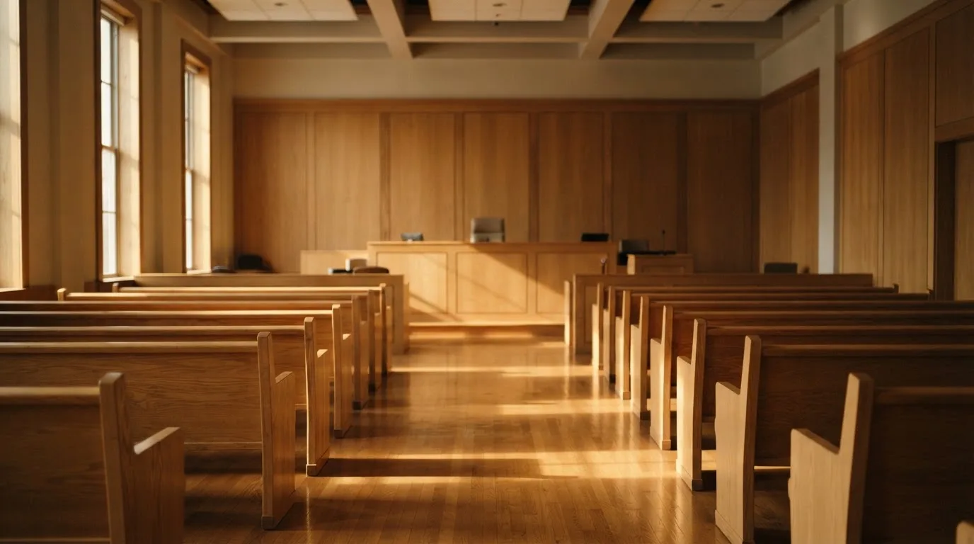 An empty courtroom with wooden benches in morning light