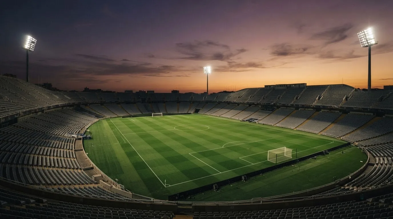 An empty football stadium with floodlight masts at dusk