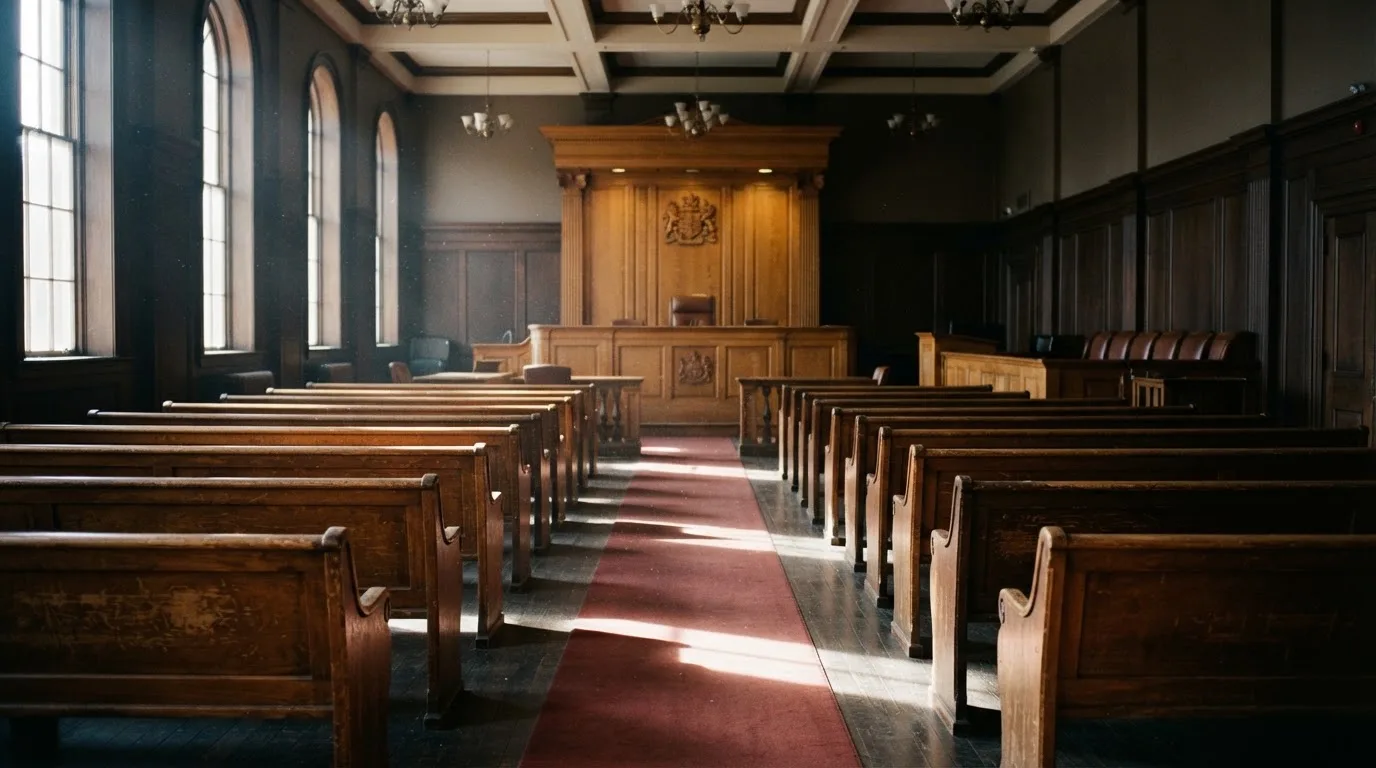 An empty courtroom with wooden benches in morning light