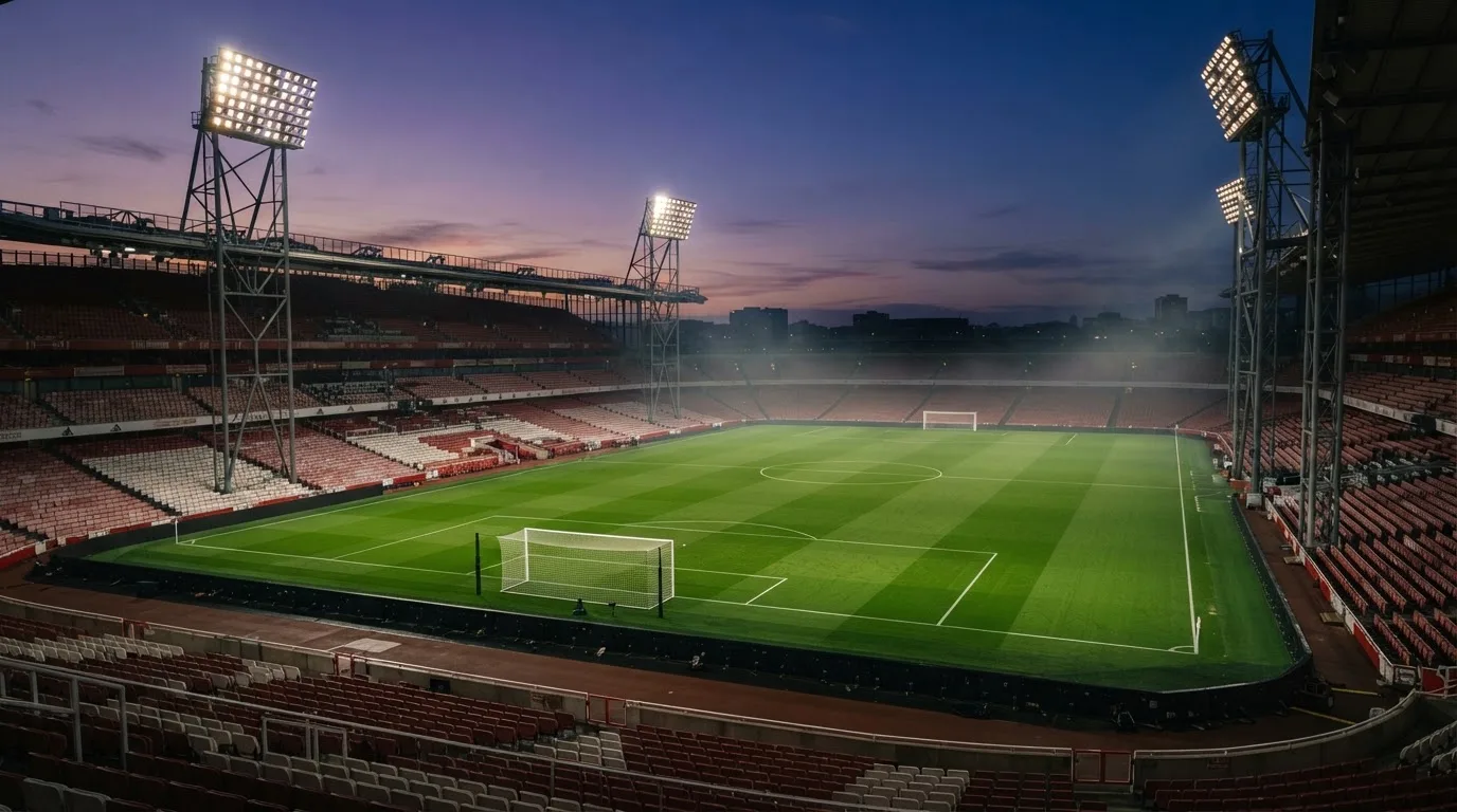 An empty football stadium with floodlight masts at dusk