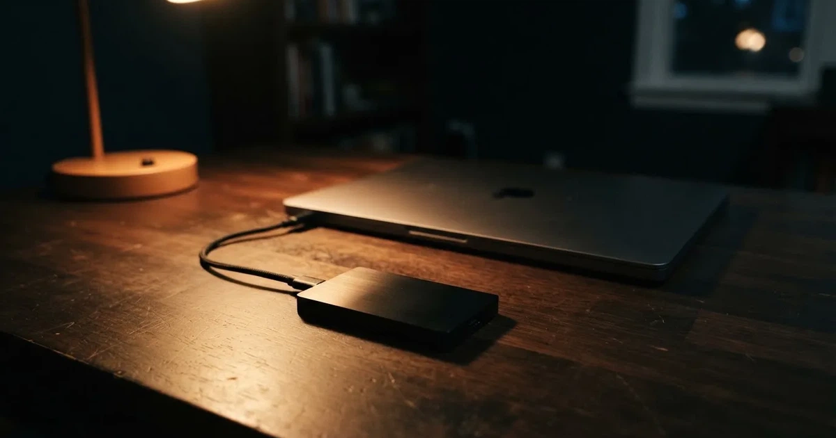 A hardware wallet and a closed laptop on a desk in dim light