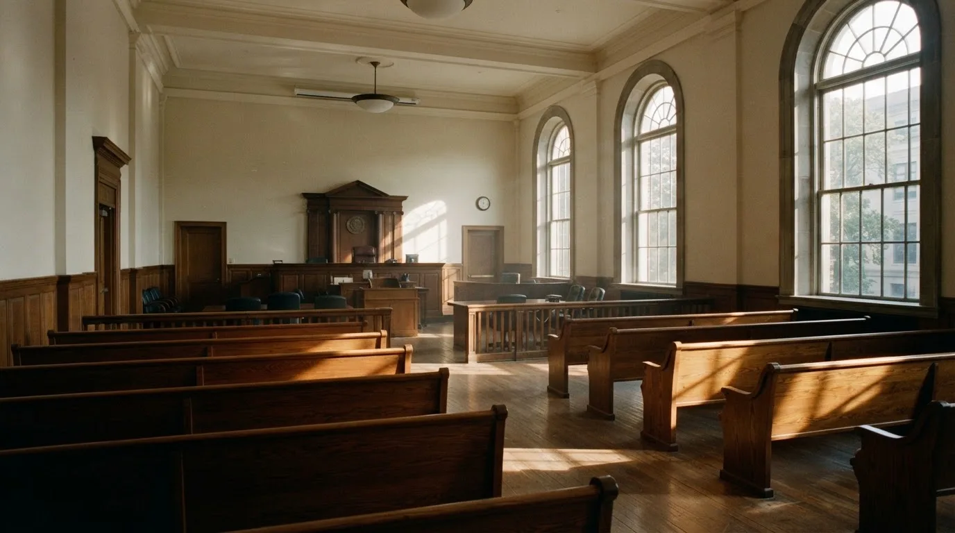 An empty courtroom with wooden benches in morning light