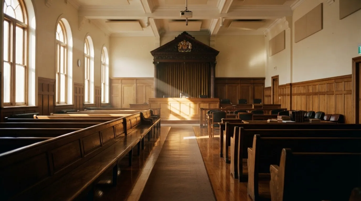 An empty courtroom with wooden benches in morning light