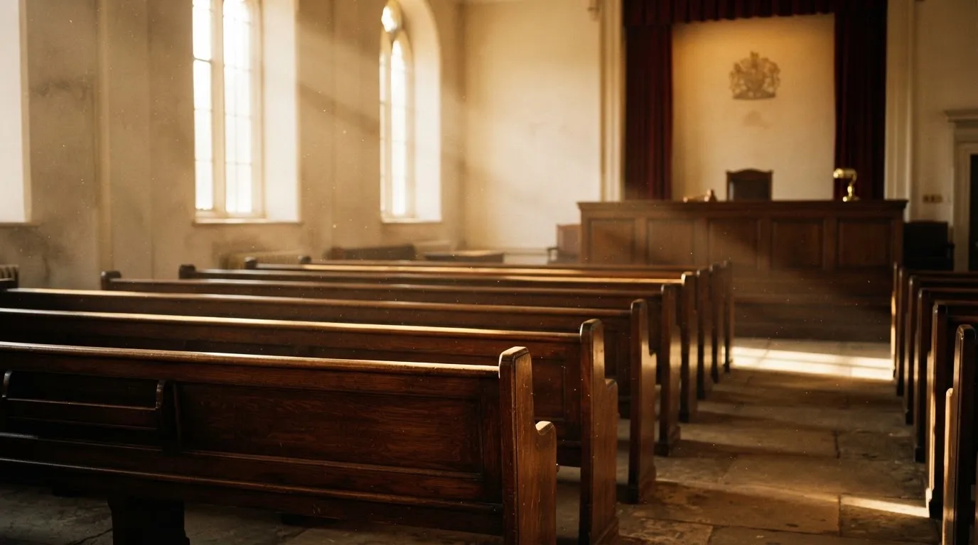 An empty courtroom with wooden benches in morning light