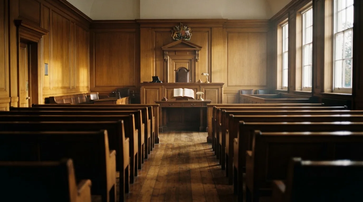 An empty courtroom with wooden benches in morning light