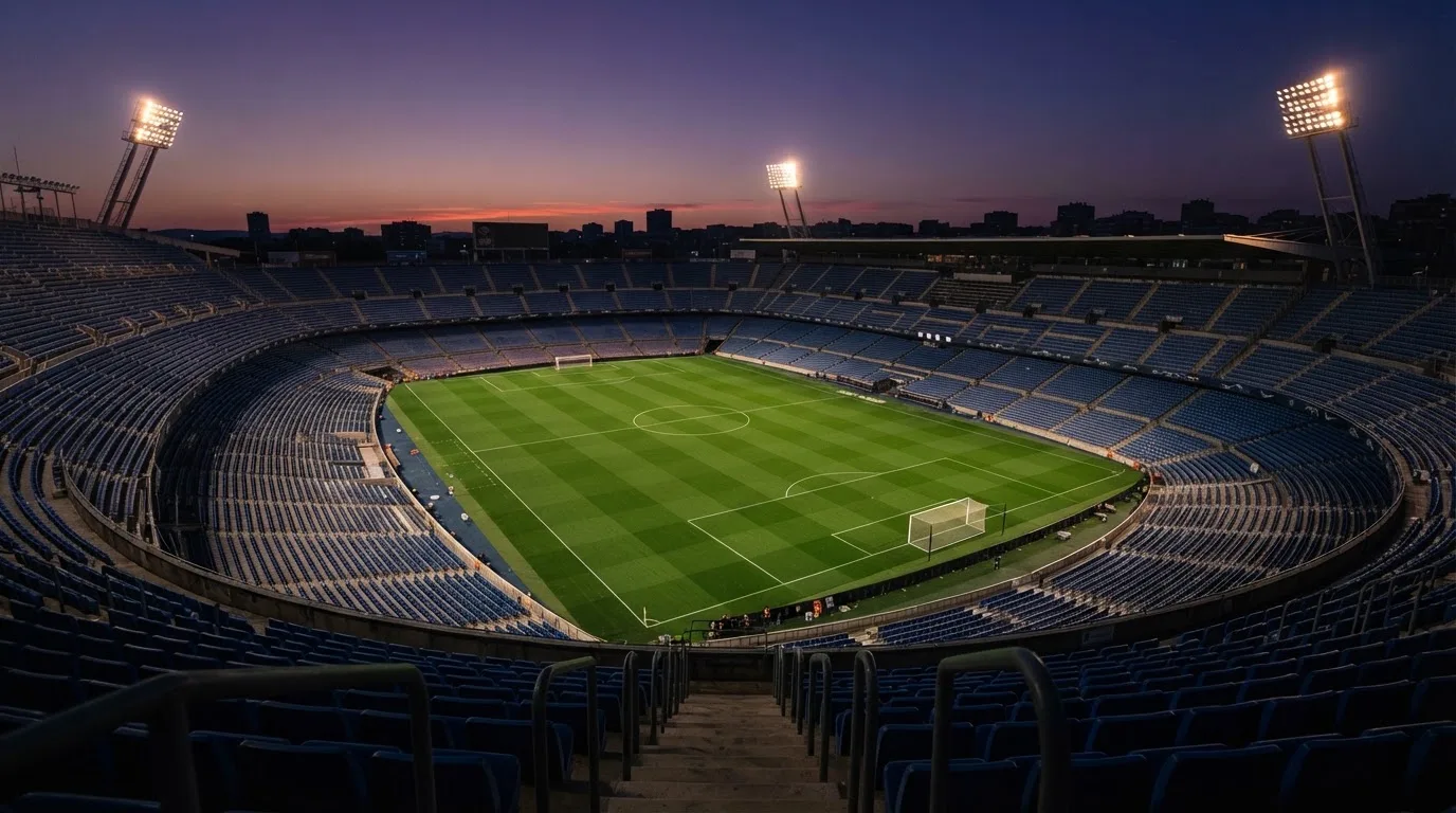 An empty football stadium with floodlight masts at dusk