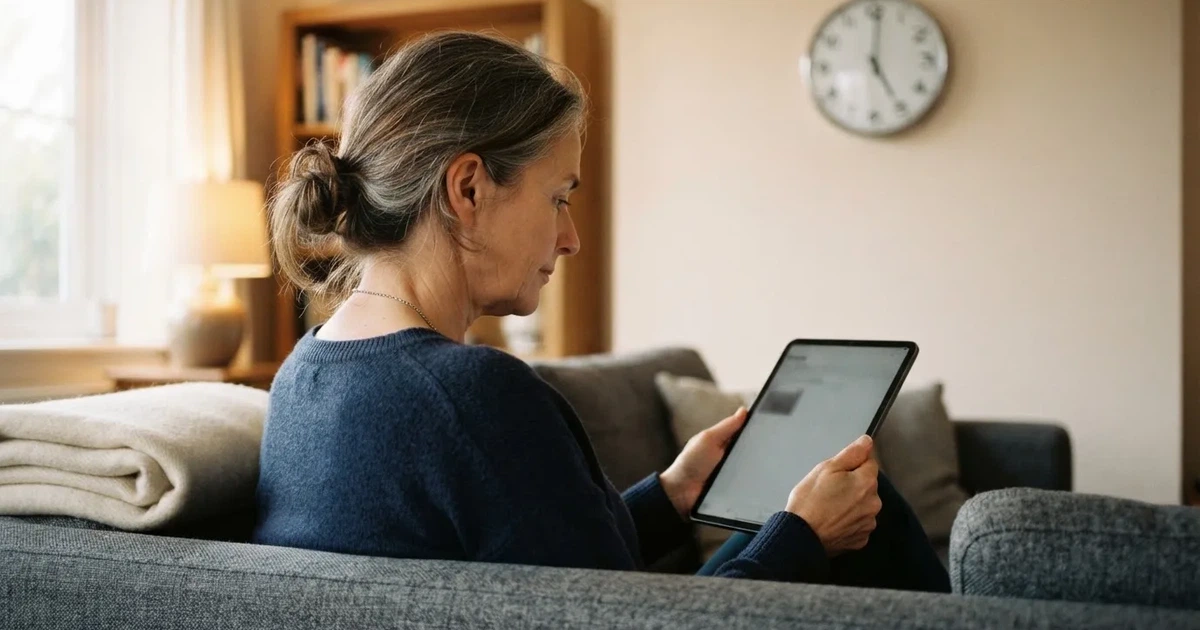 A person on a sofa looking thoughtfully at a tablet, a wall clock in the background