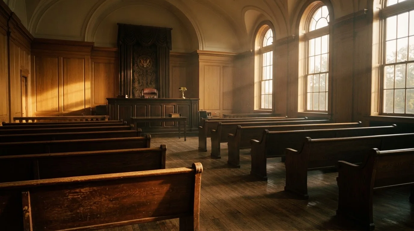 An empty courtroom with wooden benches in morning light