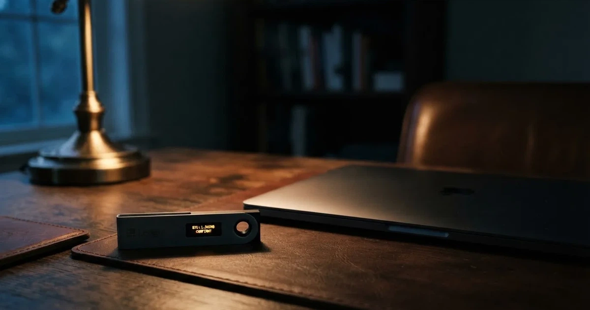 A hardware wallet and a closed laptop on a desk in dim light
