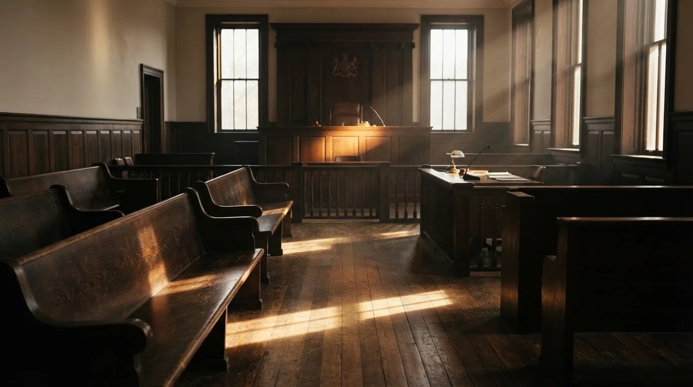 An empty courtroom with wooden benches in morning light