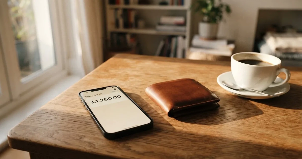 A smartphone on a wooden table beside a wallet and a coffee cup