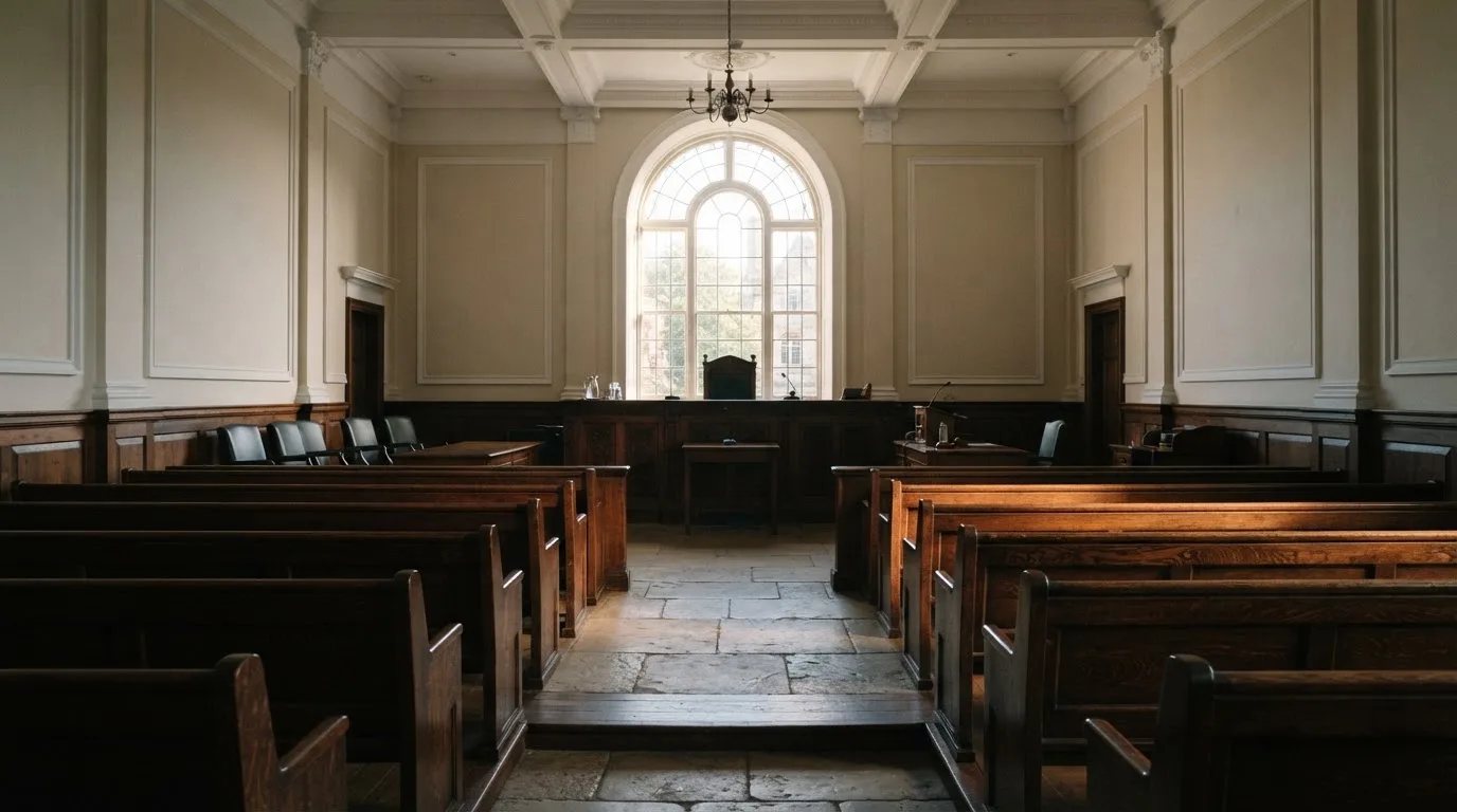 An empty courtroom with wooden benches in morning light