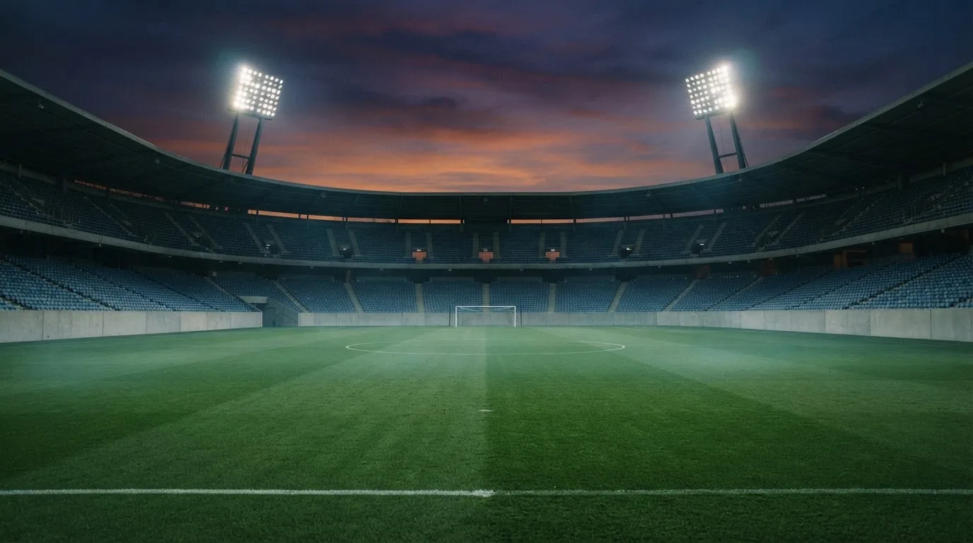An empty football stadium with floodlight masts at dusk
