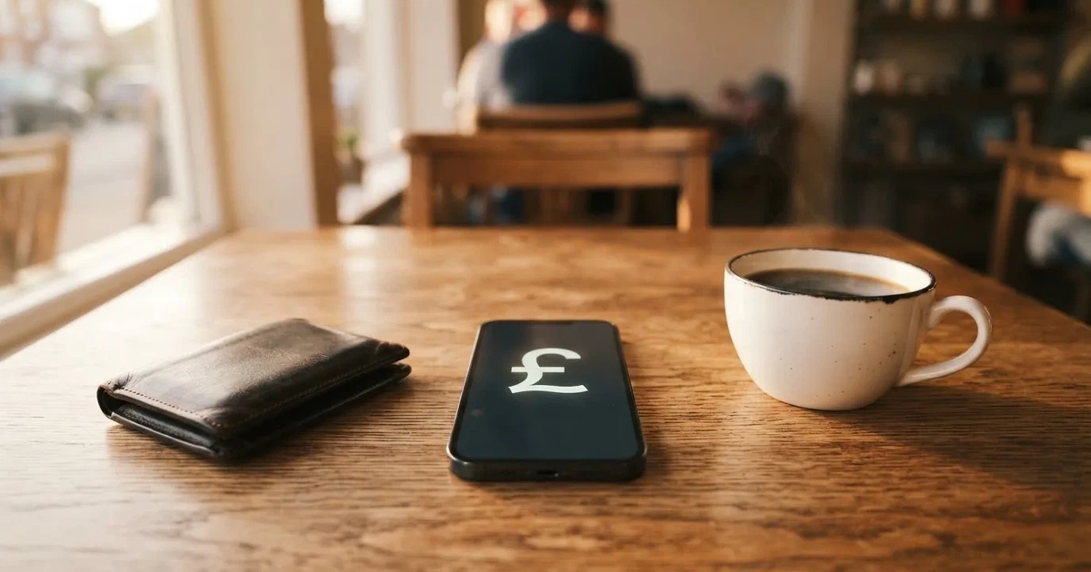 A smartphone on a wooden table beside a wallet and a coffee cup