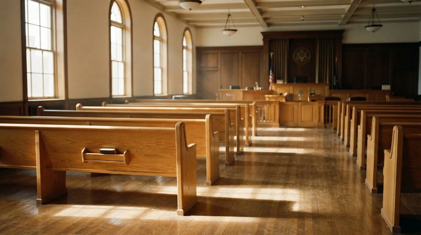 An empty courtroom with wooden benches in morning light