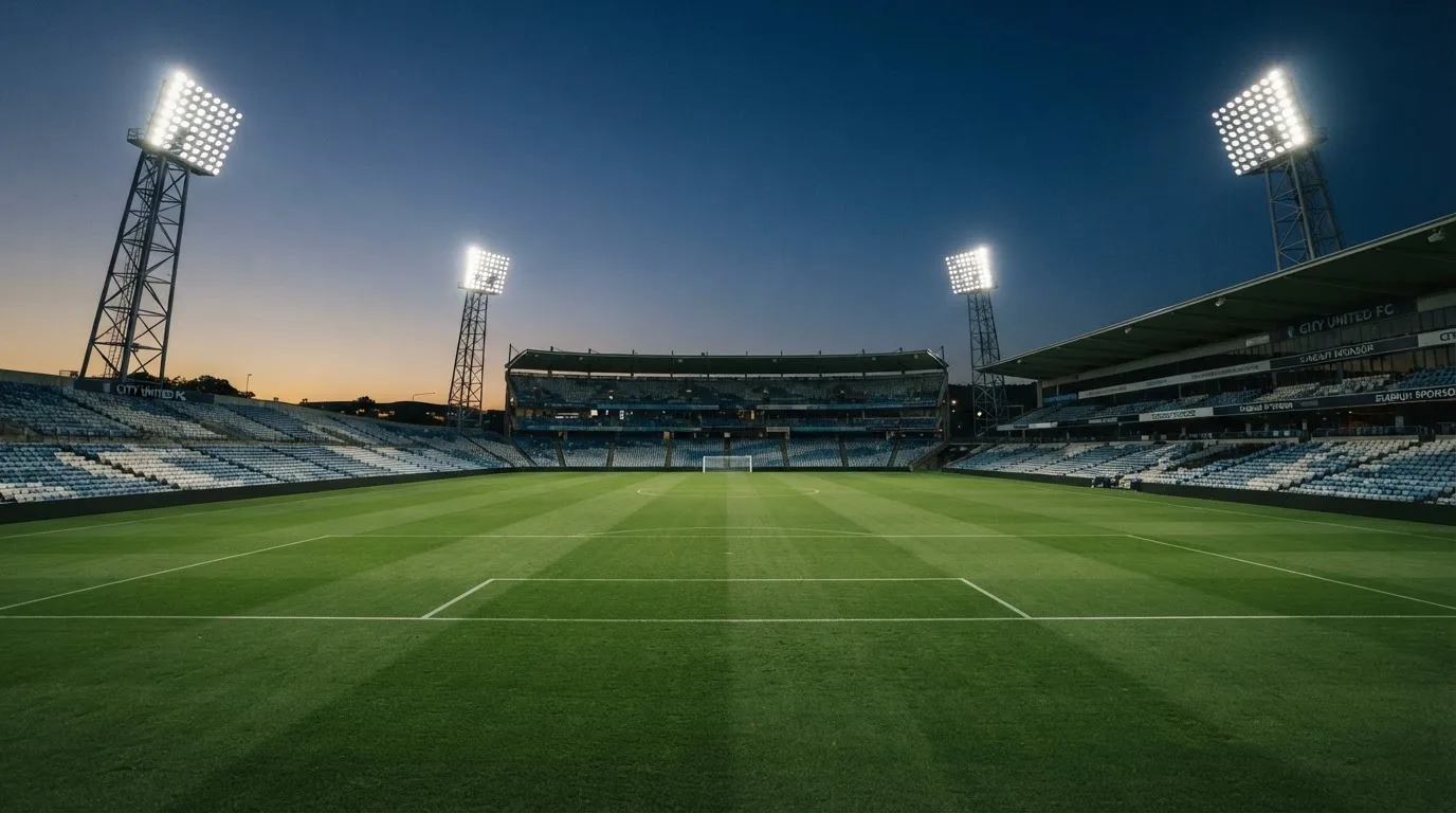 An empty football stadium with floodlight masts at dusk