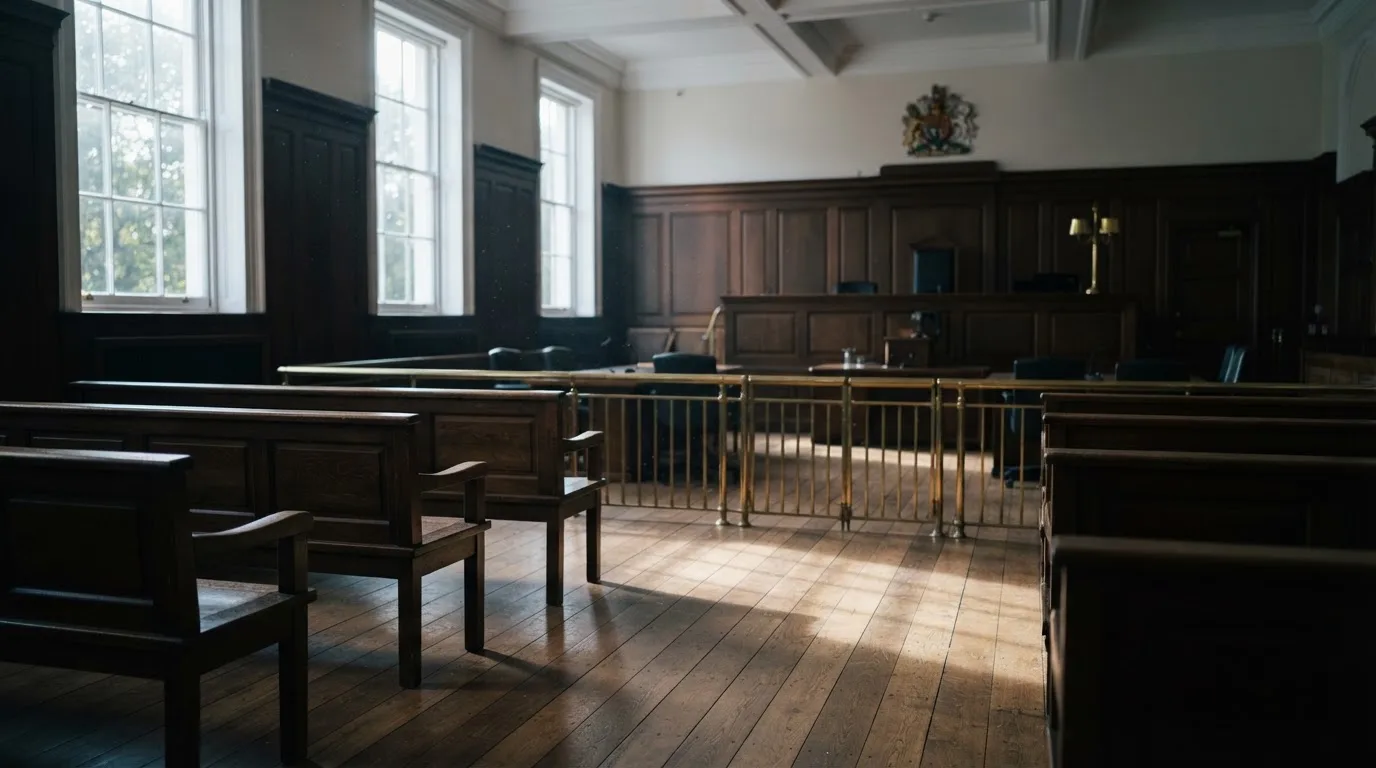 An empty courtroom with wooden benches in morning light