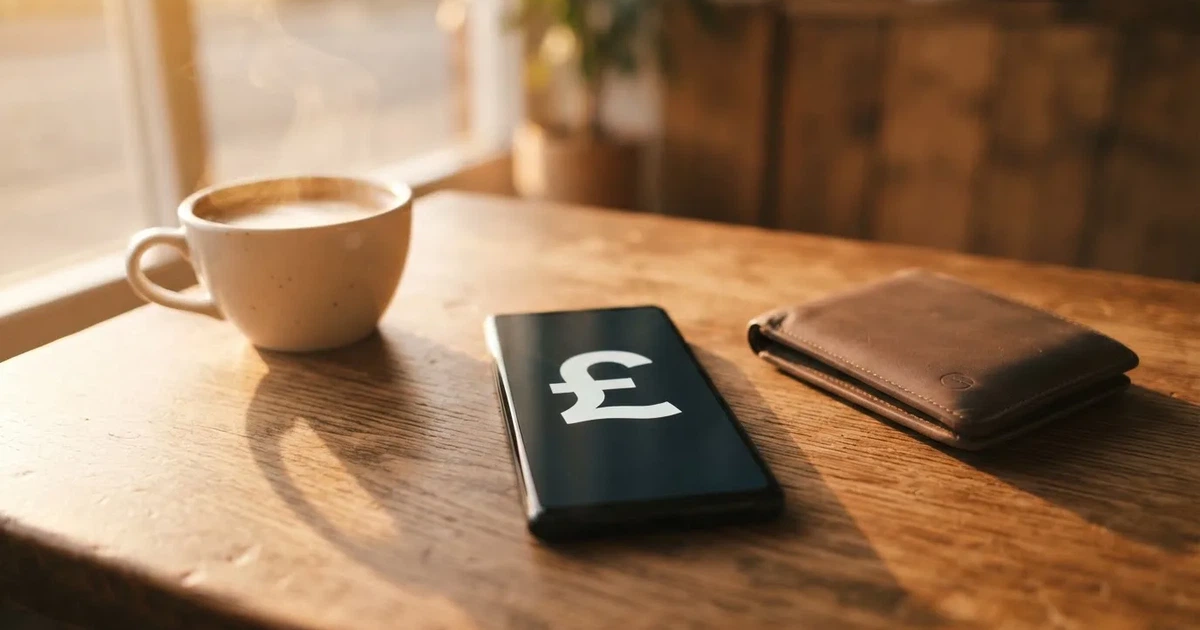 A smartphone on a wooden table beside a wallet and a coffee cup