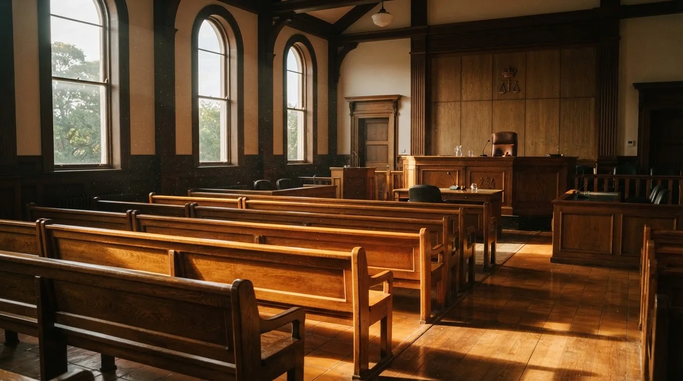 An empty courtroom with wooden benches in morning light