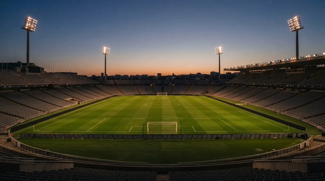 An empty football stadium with floodlight masts at dusk