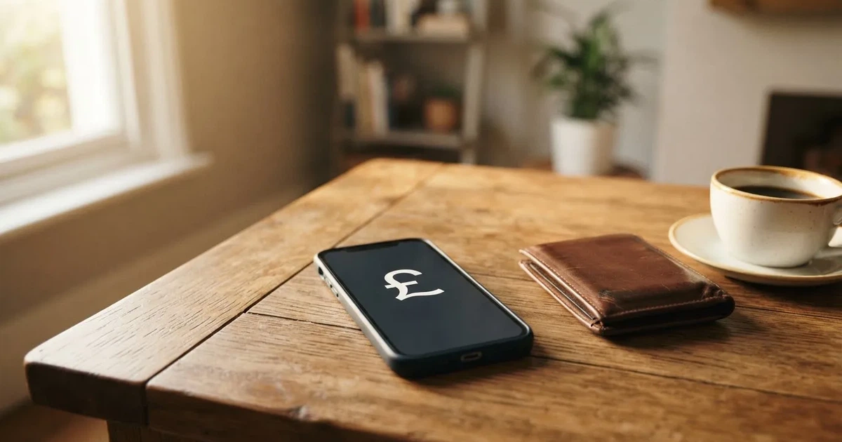 A smartphone on a wooden table beside a wallet and a coffee cup