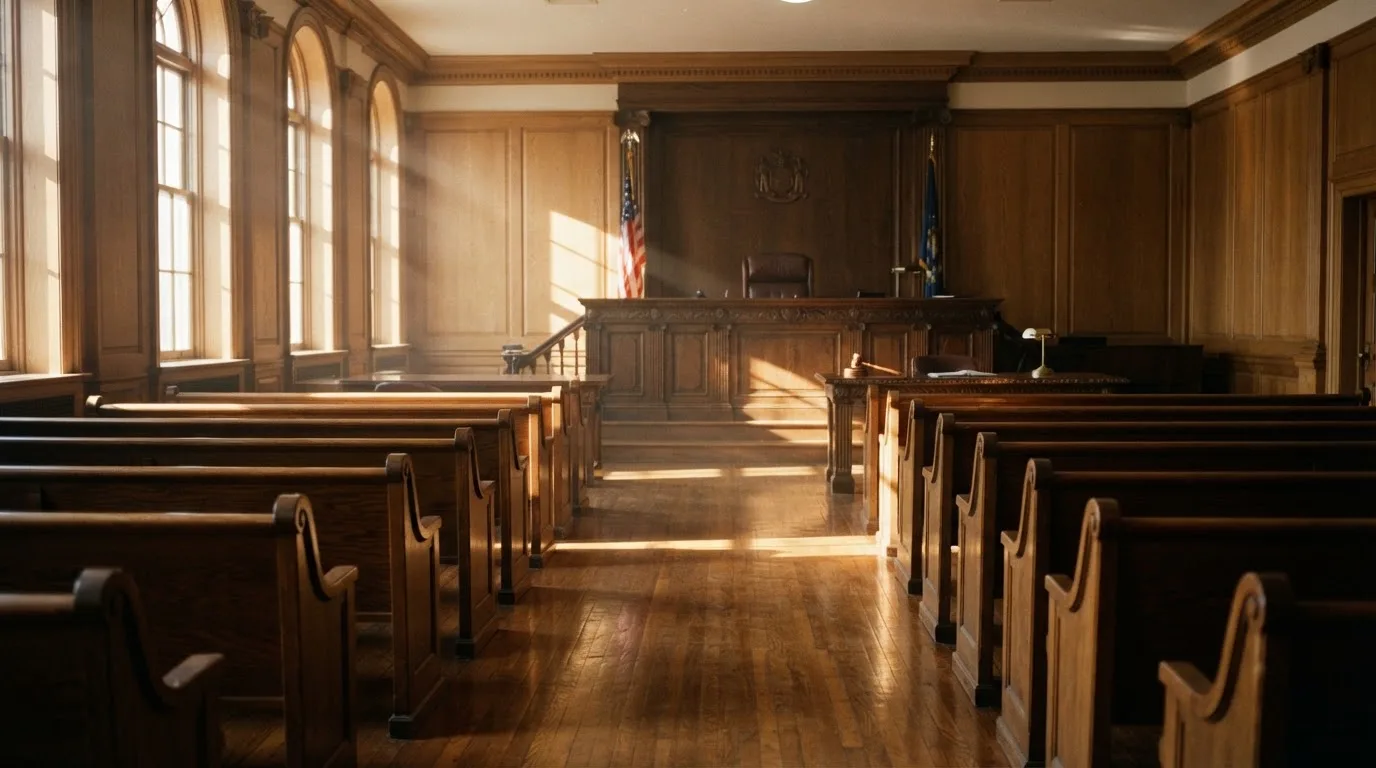 An empty courtroom with wooden benches in morning light