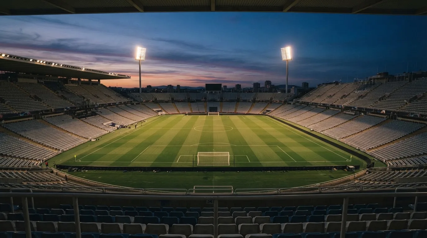 An empty football stadium with floodlight masts at dusk