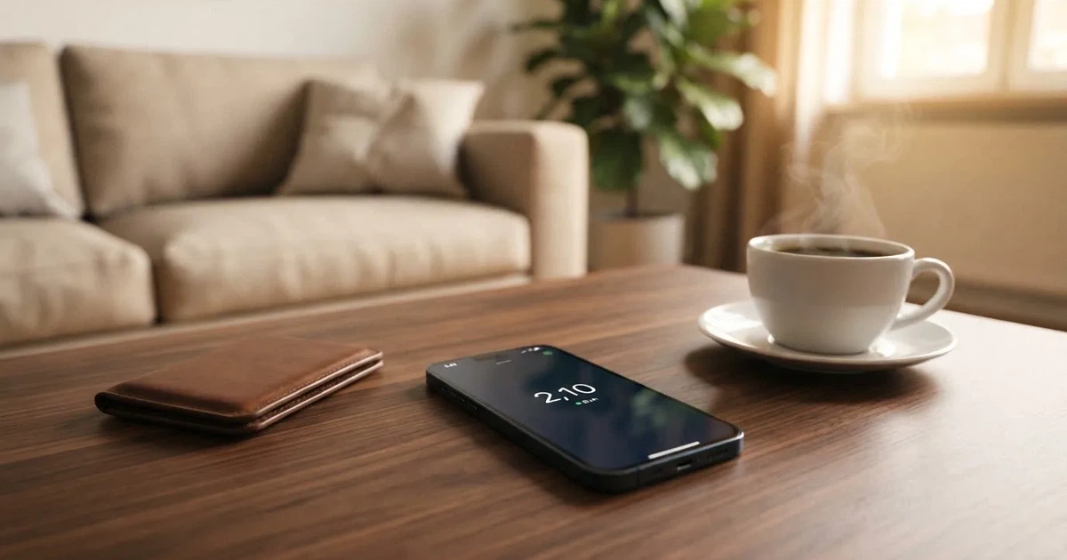 A smartphone on a wooden table beside a wallet and a coffee cup