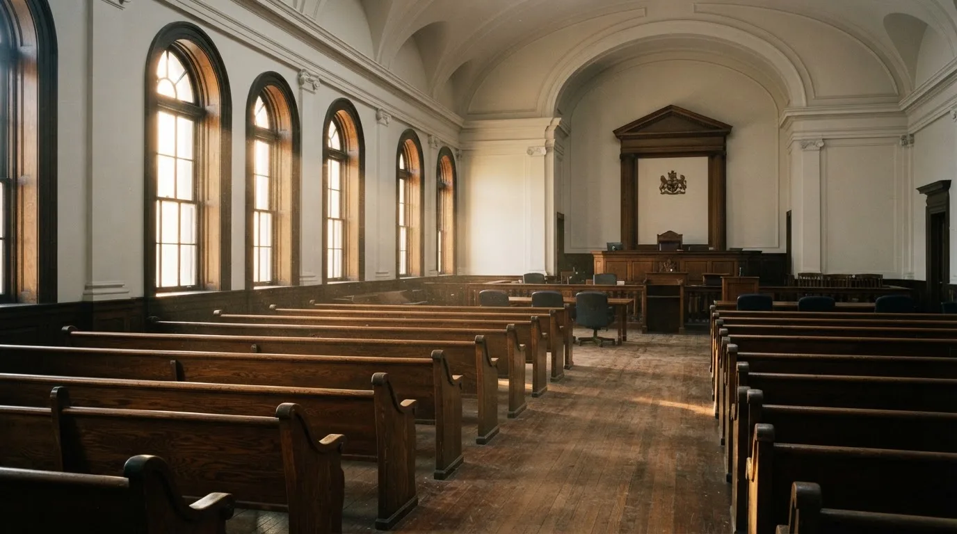 An empty courtroom with wooden benches in morning light