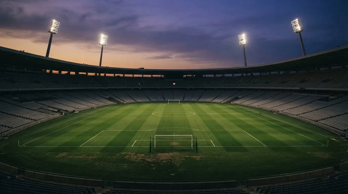 An empty football stadium with floodlight masts at dusk
