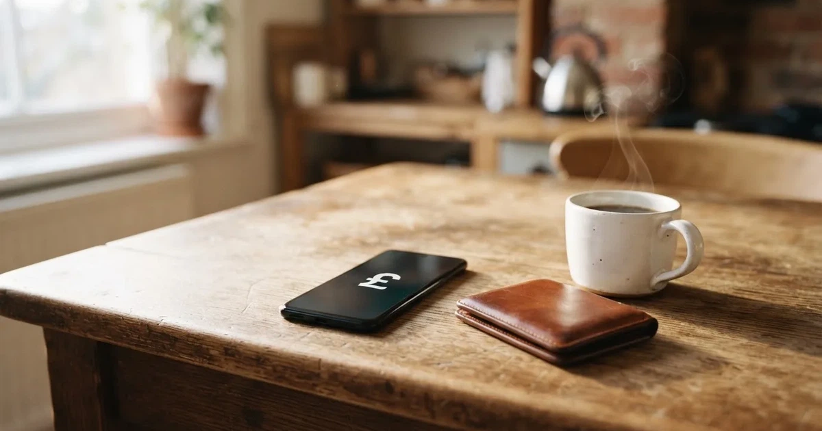 A smartphone on a wooden table beside a wallet and a coffee cup