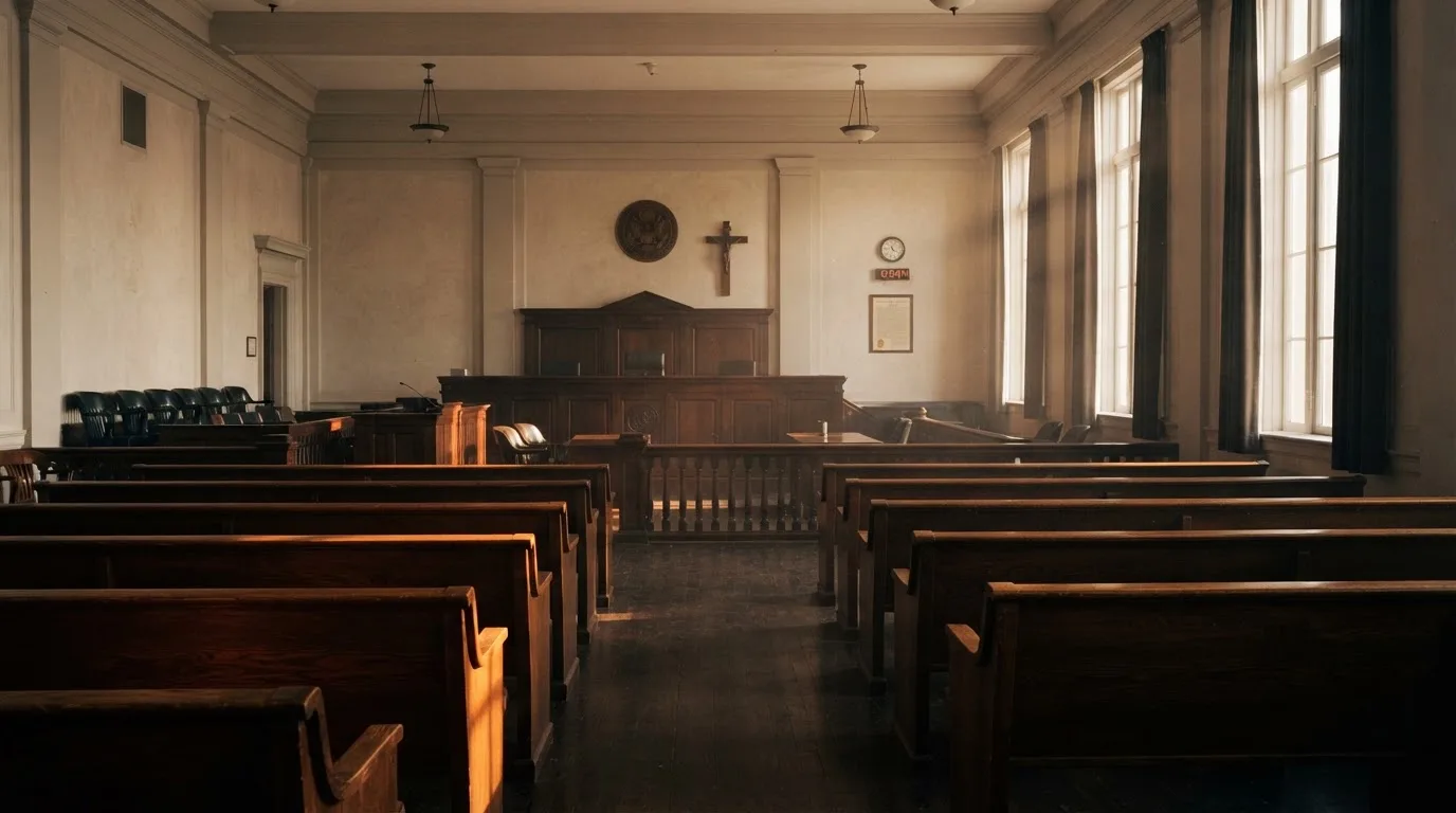 An empty courtroom with wooden benches in morning light