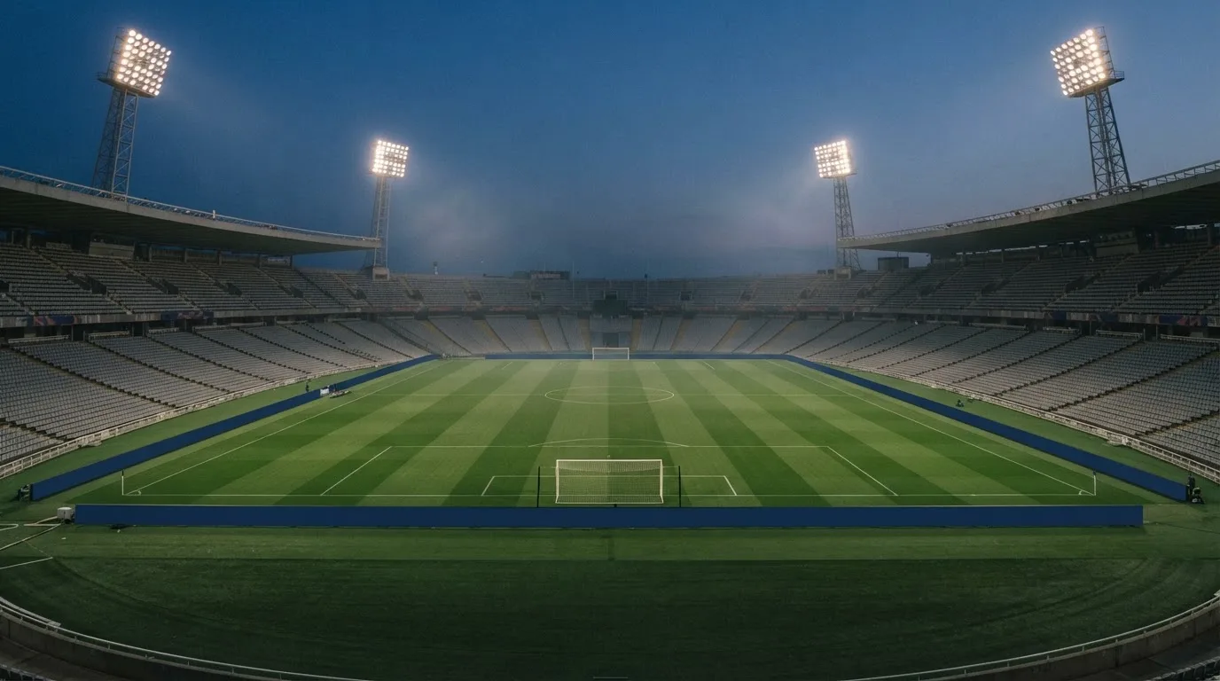 An empty football stadium with floodlight masts at dusk