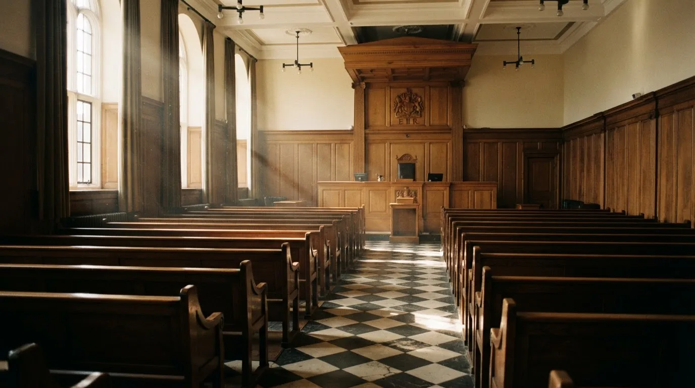 An empty courtroom with wooden benches in morning light