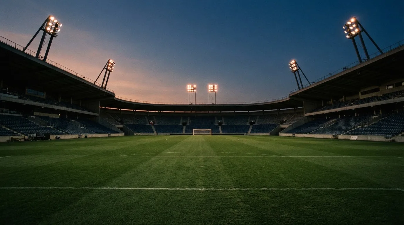 An empty football stadium with floodlight masts at dusk