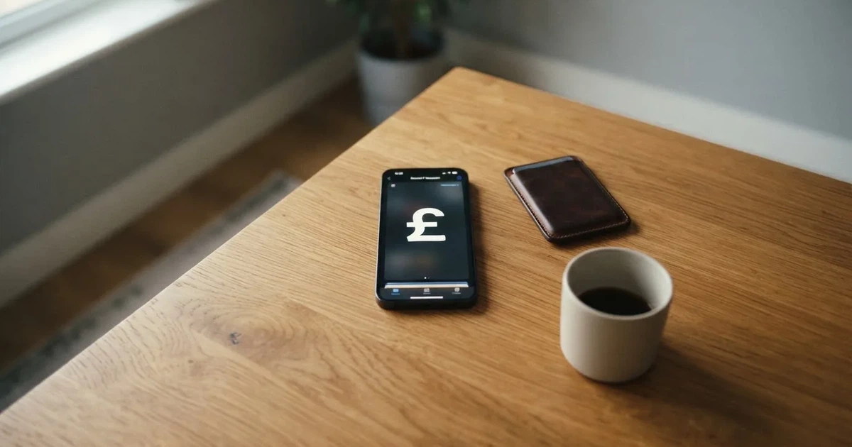 A smartphone on a wooden table beside a wallet and a coffee cup