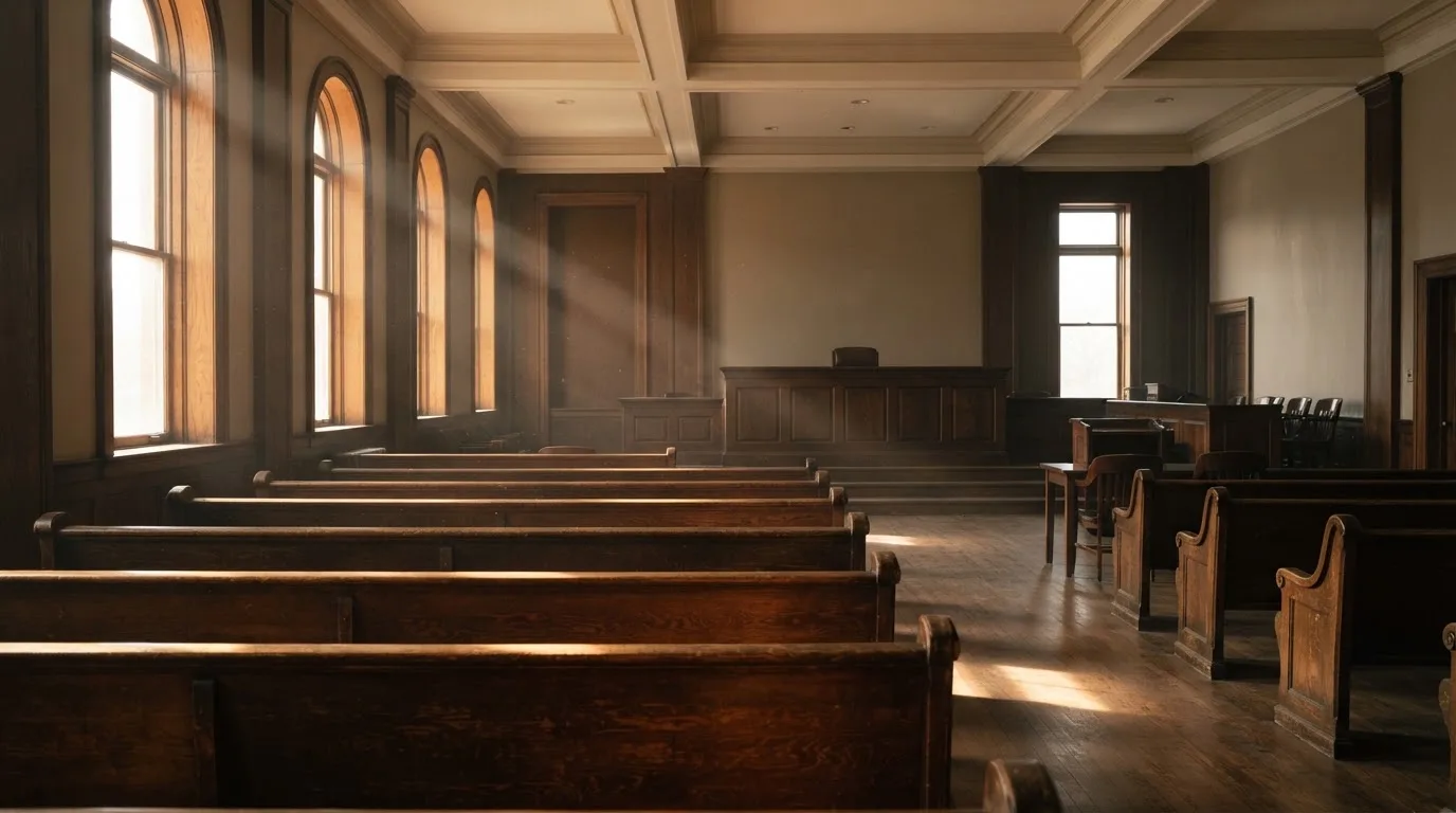 An empty courtroom with wooden benches in morning light
