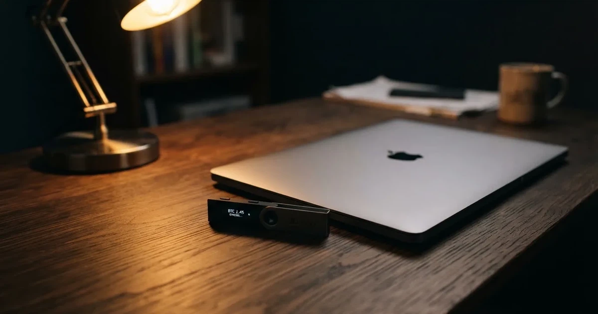 A hardware wallet and a closed laptop on a desk in dim light