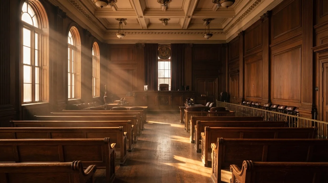 An empty courtroom with wooden benches in morning light