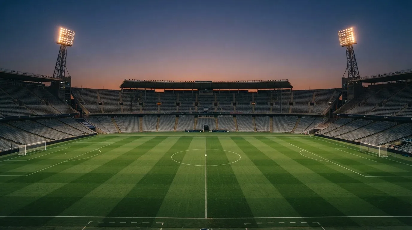 An empty football stadium with floodlight masts at dusk