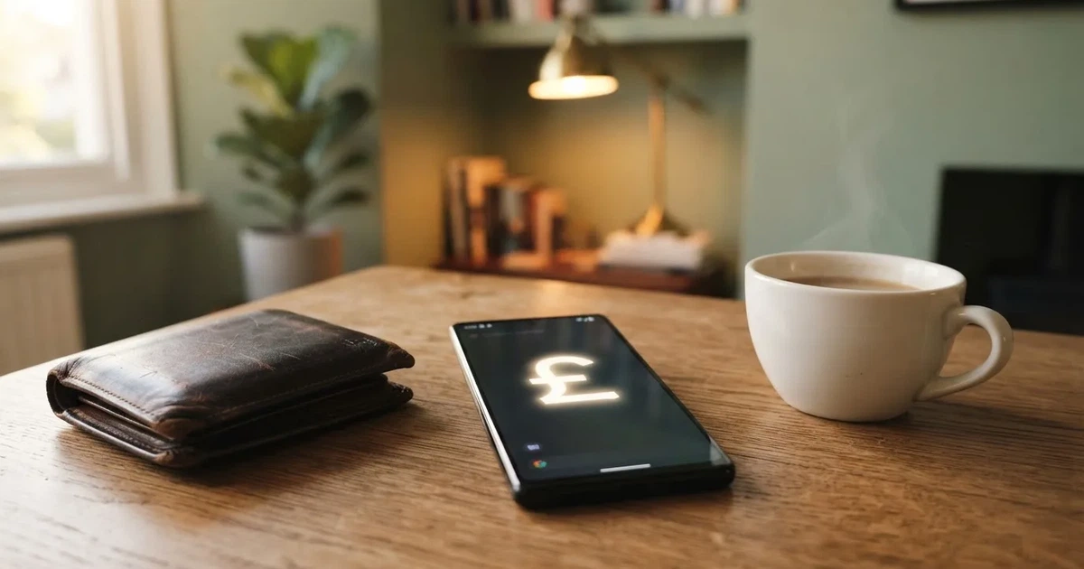 A smartphone on a wooden table beside a wallet and a coffee cup