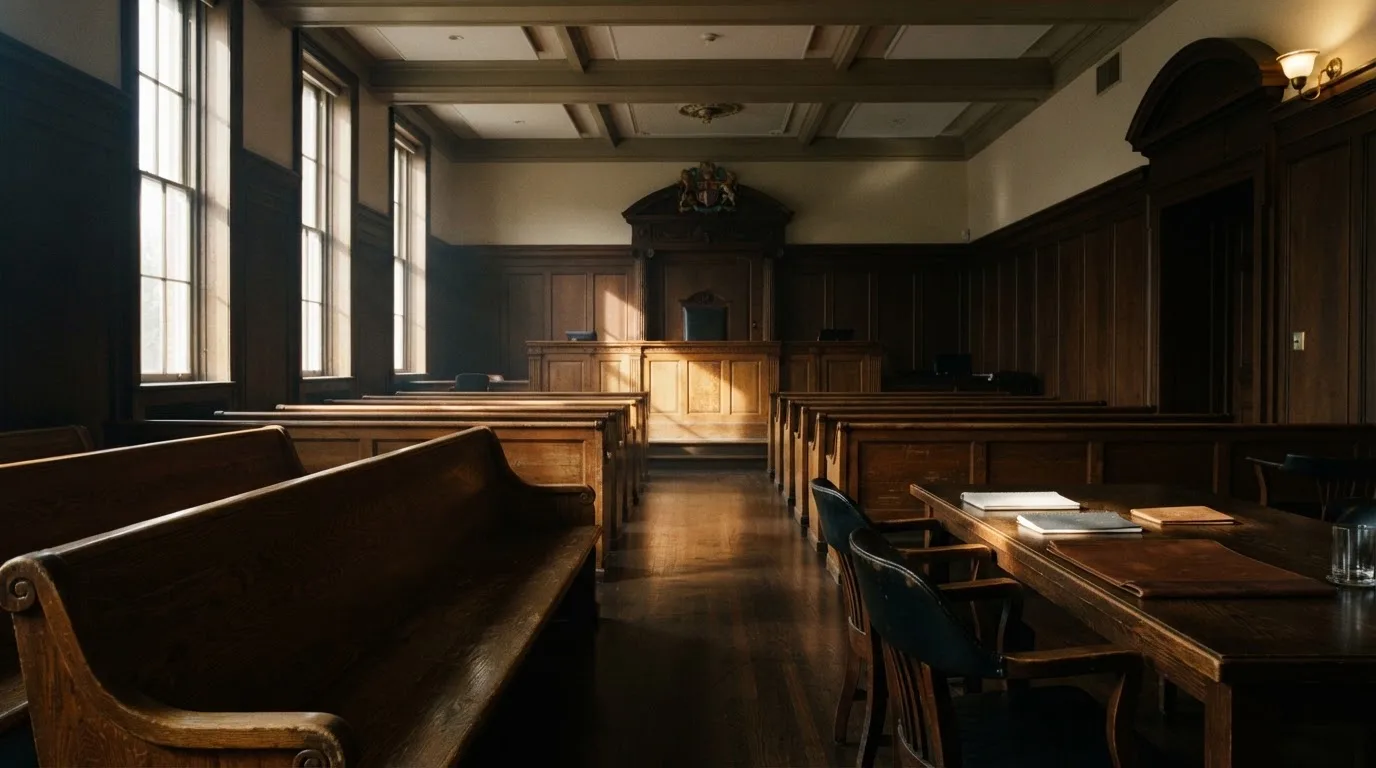 An empty courtroom with wooden benches in morning light
