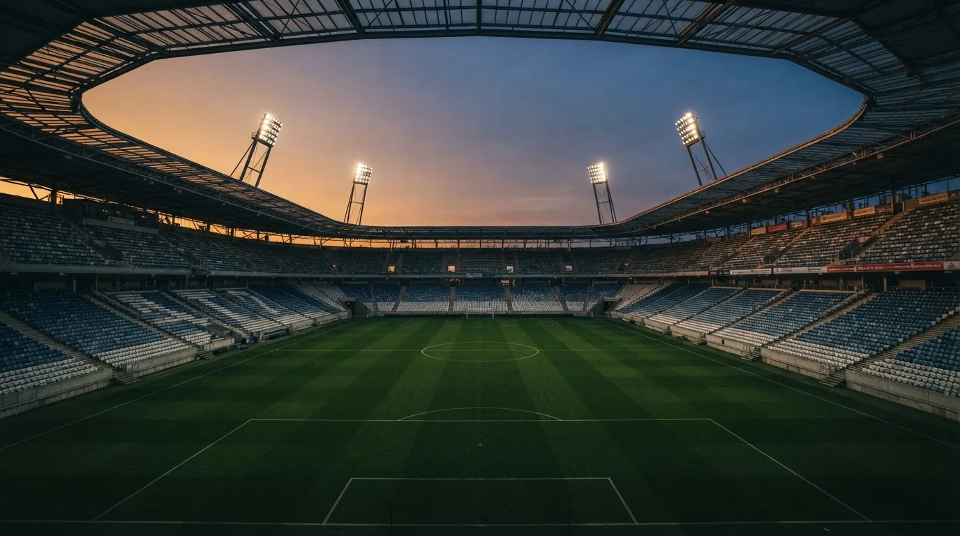 An empty football stadium with floodlight masts at dusk