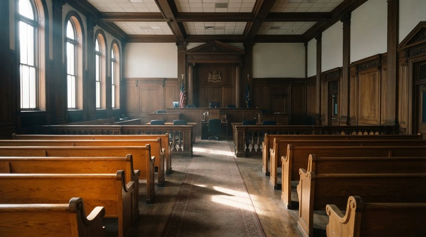 An empty courtroom with wooden benches in morning light