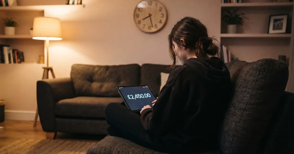 A person on a sofa looking thoughtfully at a tablet, a wall clock in the background