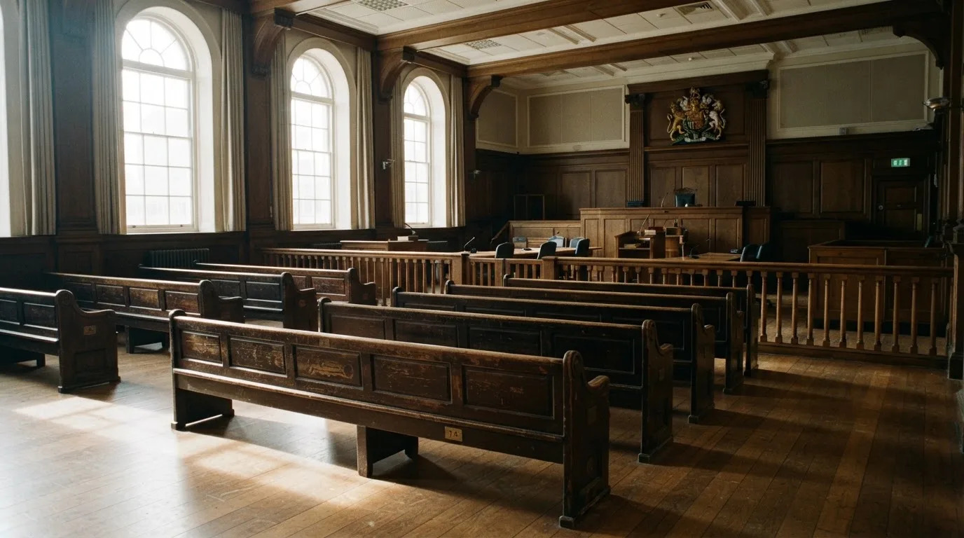 An empty courtroom with wooden benches in morning light