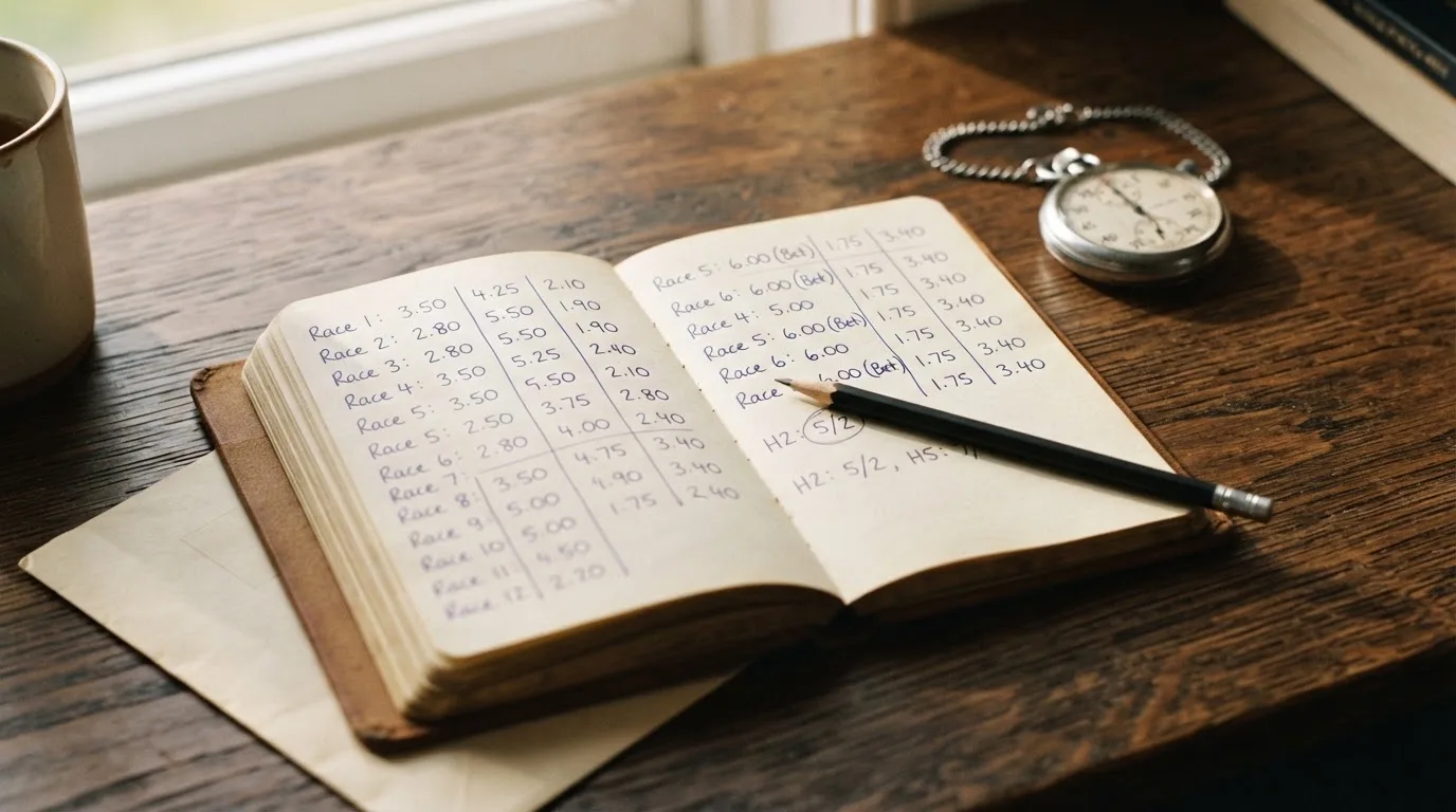 An open notebook with a pencil and a stopwatch on a wooden table