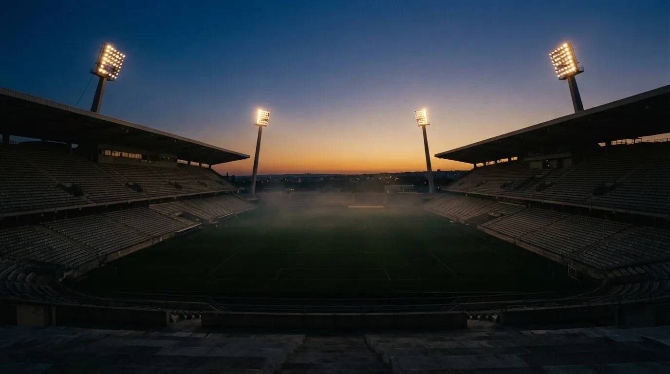 An empty football stadium with floodlight masts at dusk