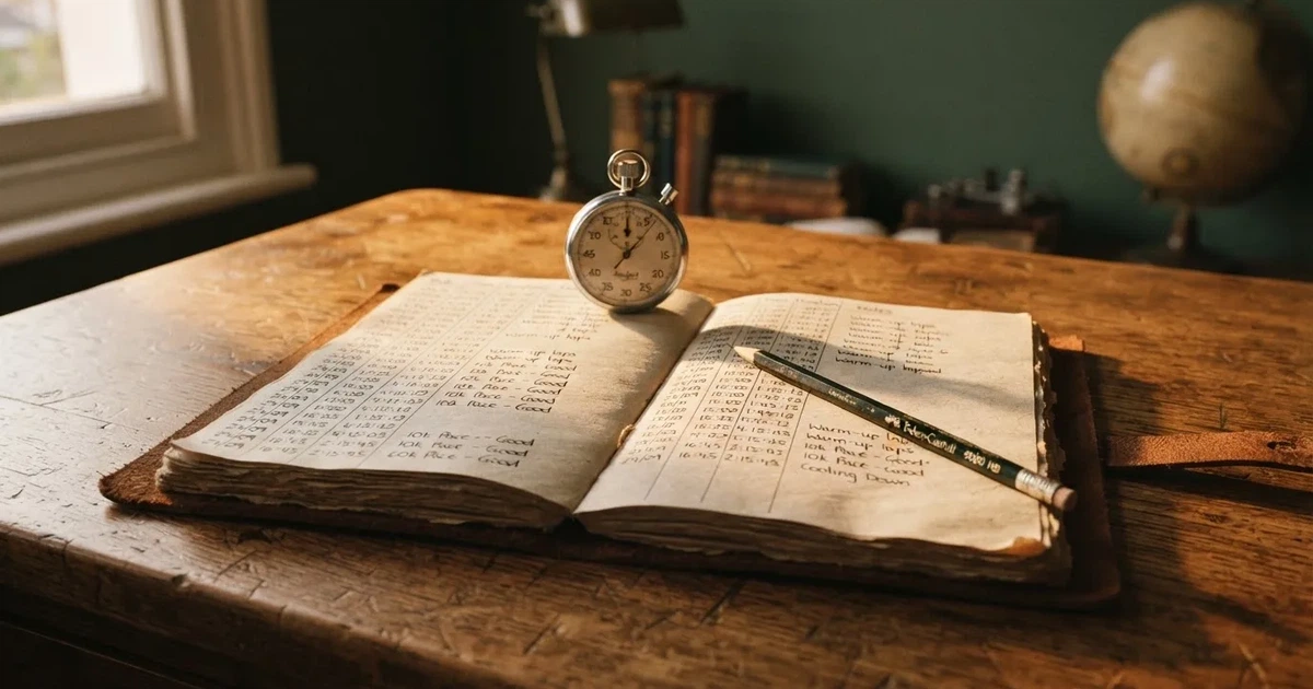 An open notebook with a pencil and a stopwatch on a wooden table