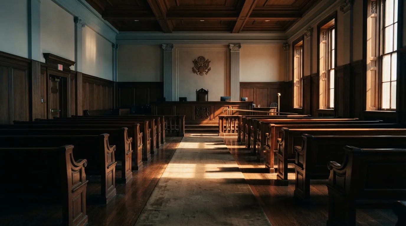 An empty courtroom with wooden benches in morning light